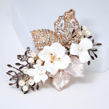 Swarovski Crystal Porcelain White Flower Heirloom Grace Bridal Hair Clip, Bridesmaid Gift, Wedding Hair Accessory.